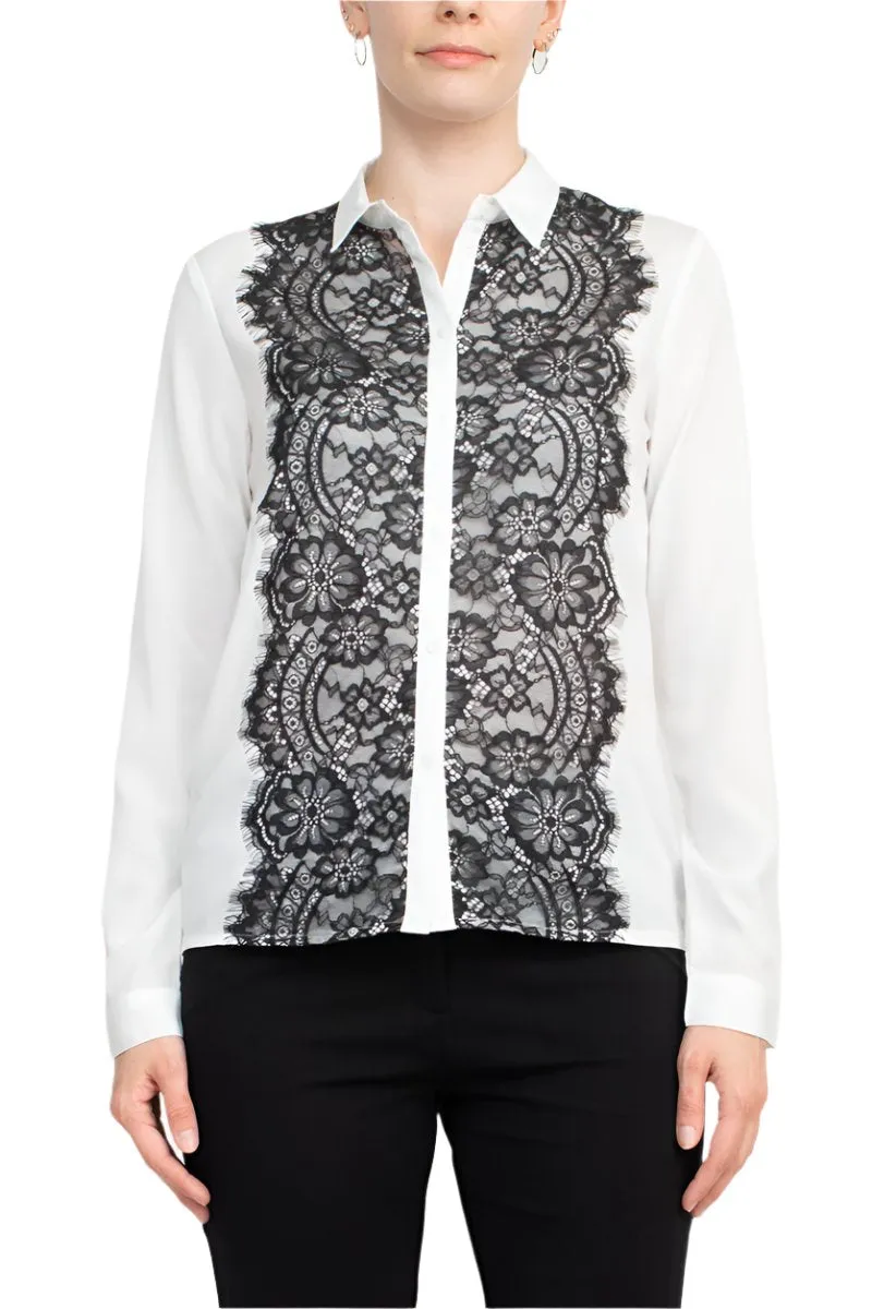 Alberto Makali Collared Long Sleeve Button Down Floral Lace Trim Chiffon Blouse