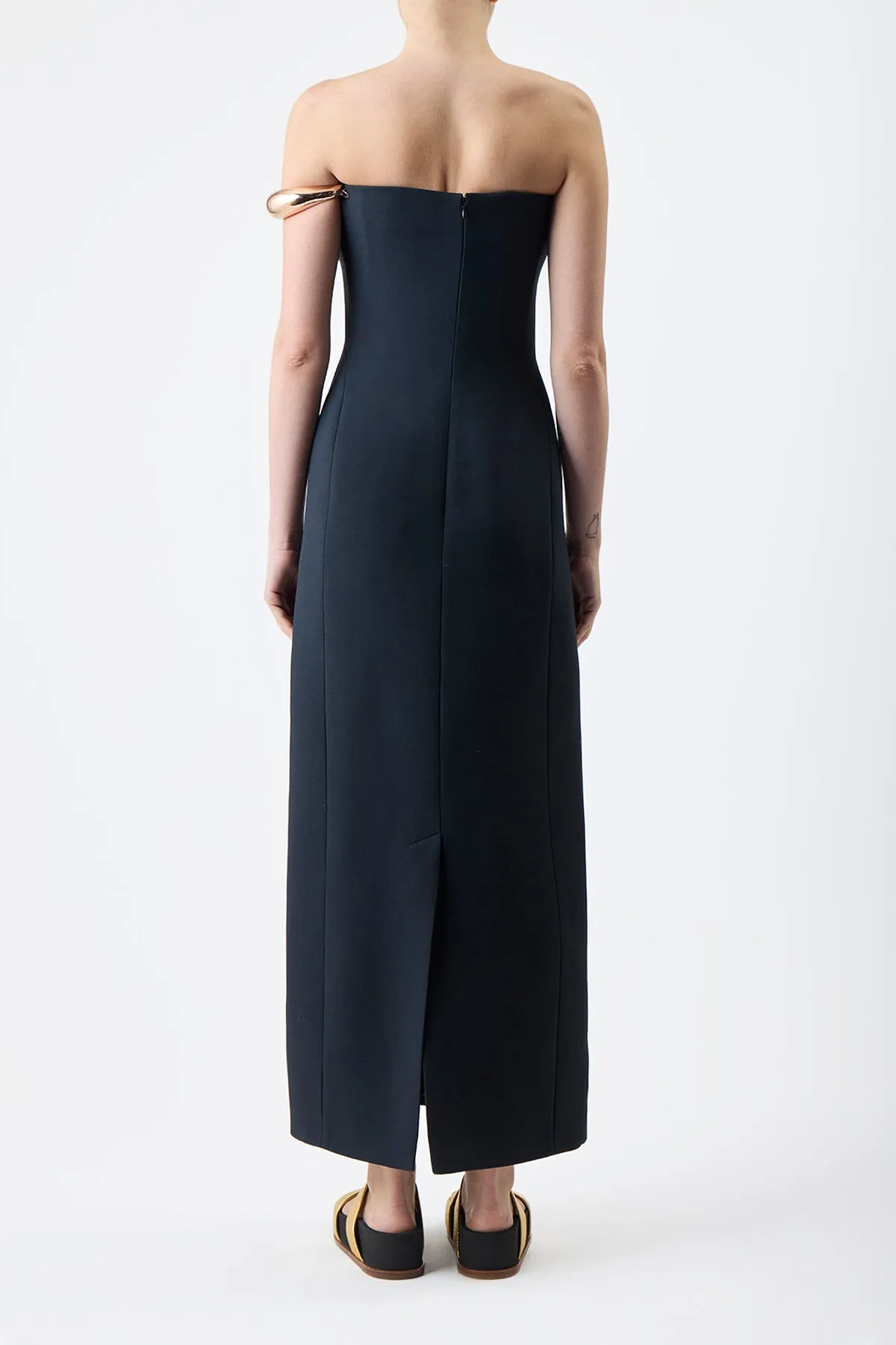 Anica Maxi Dress in Black Wool Silk Cady