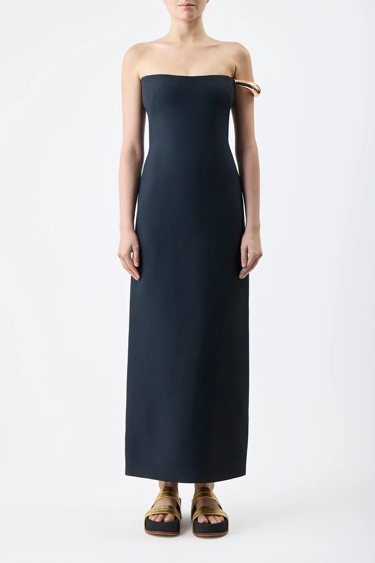 Anica Maxi Dress in Black Wool Silk Cady