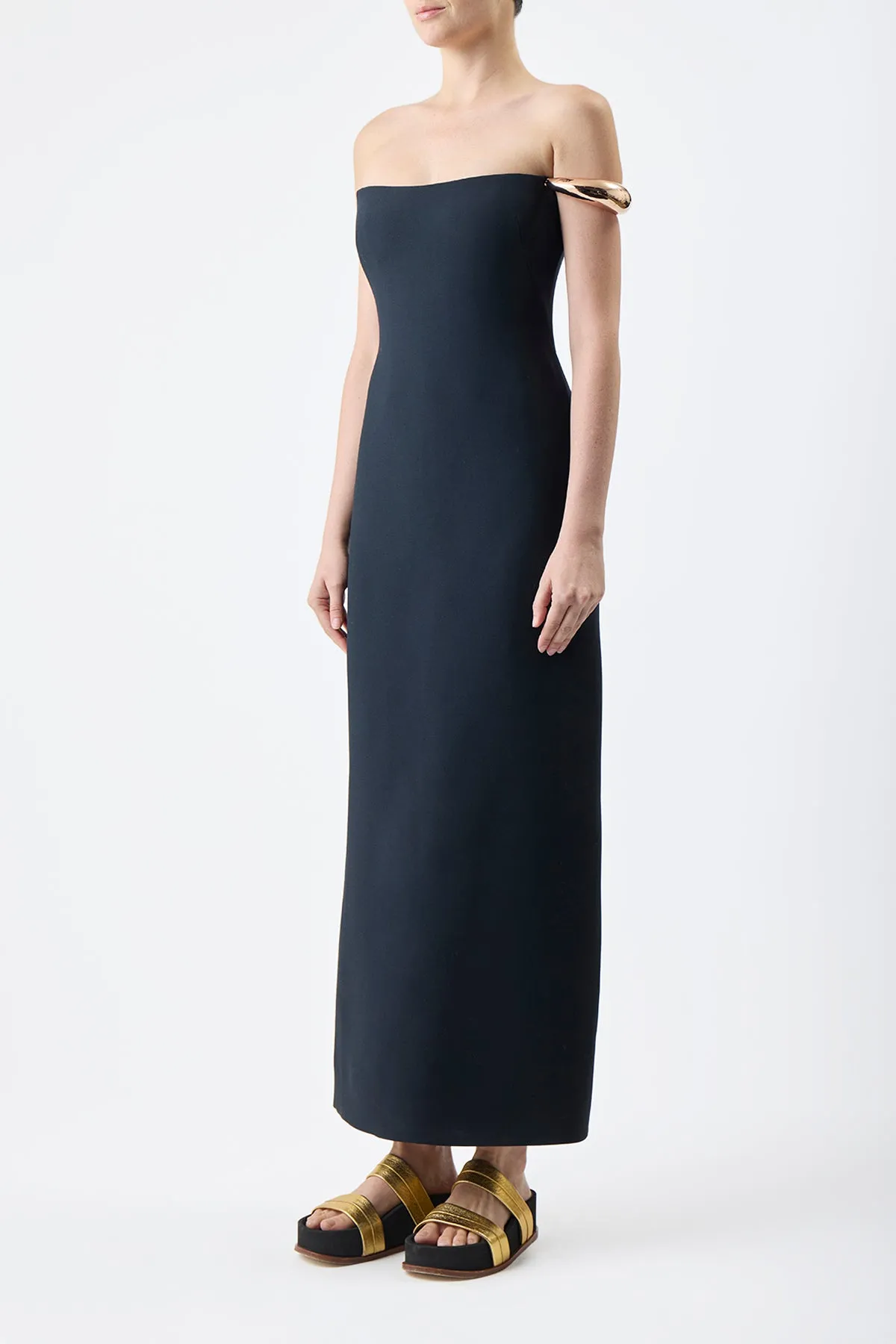 Anica Maxi Dress in Black Wool Silk Cady