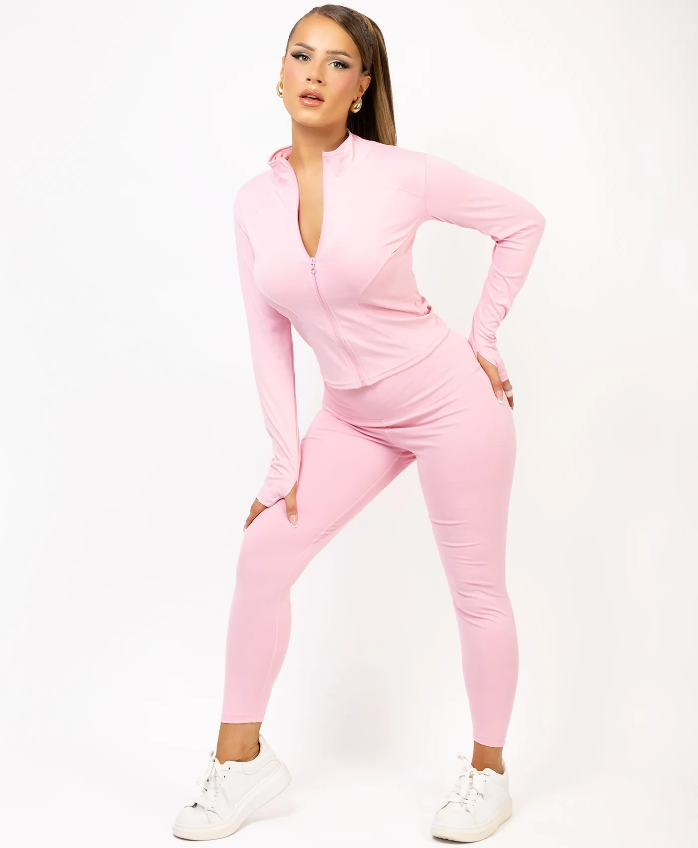 Baby Pink Zip Up Sports Jacket & Seamless Leggings Activewear Set