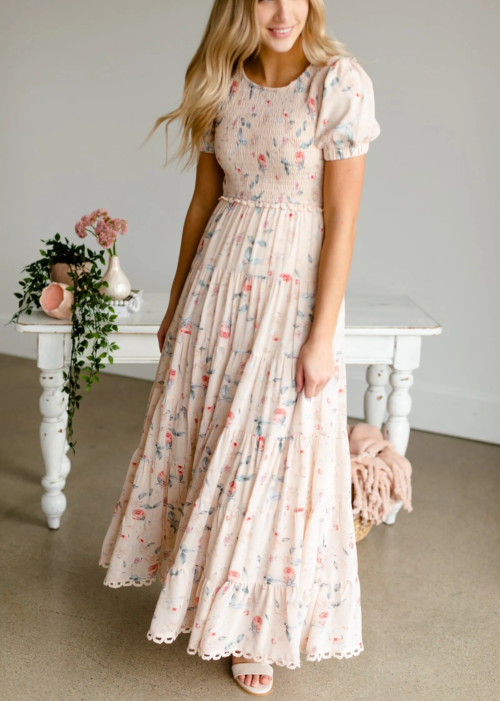 Blush   Floral Smocked Maxi Dress