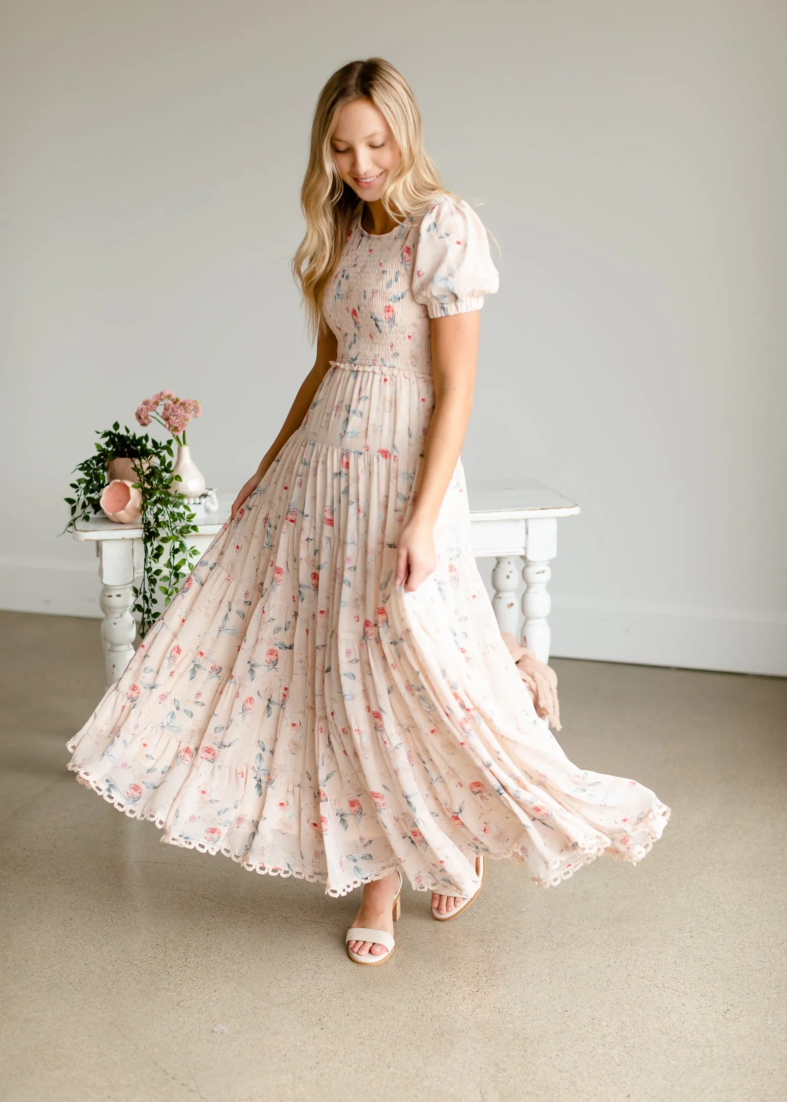 Blush   Floral Smocked Maxi Dress