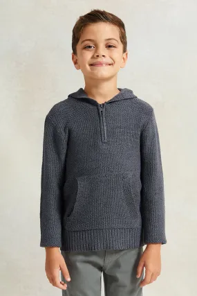 Boys Grey Solid Hooded Sweater