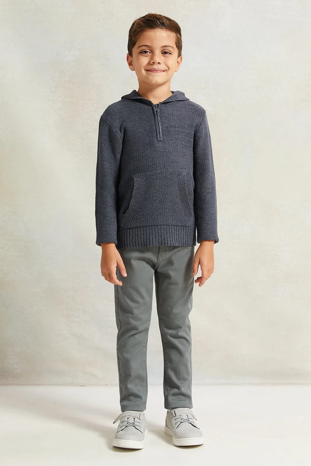 Boys Grey Solid Hooded Sweater