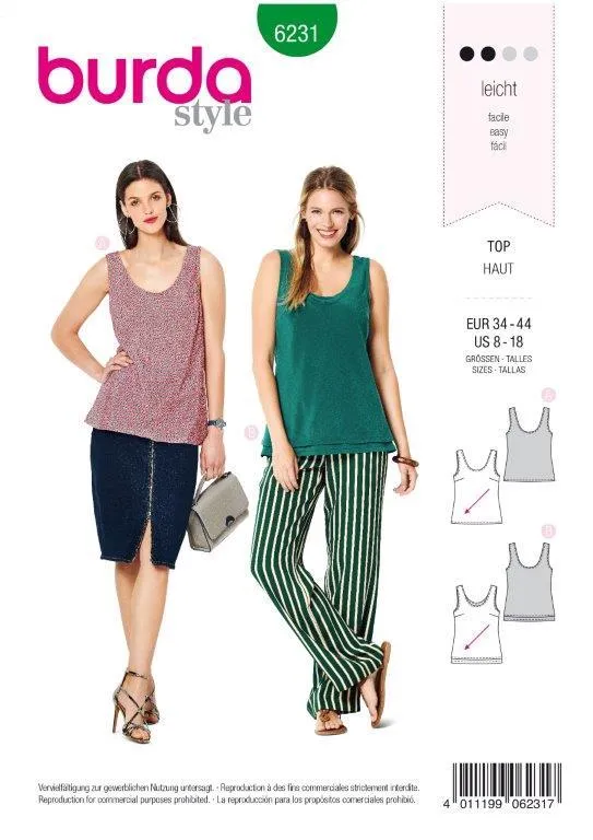 Burda Pattern 6231  Top with Rounded Neckline – 
Singe or Double Layer