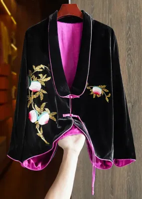 Chic Black Chinese Button Embroideried Silk Velour Coats Long Sleeve ML1358