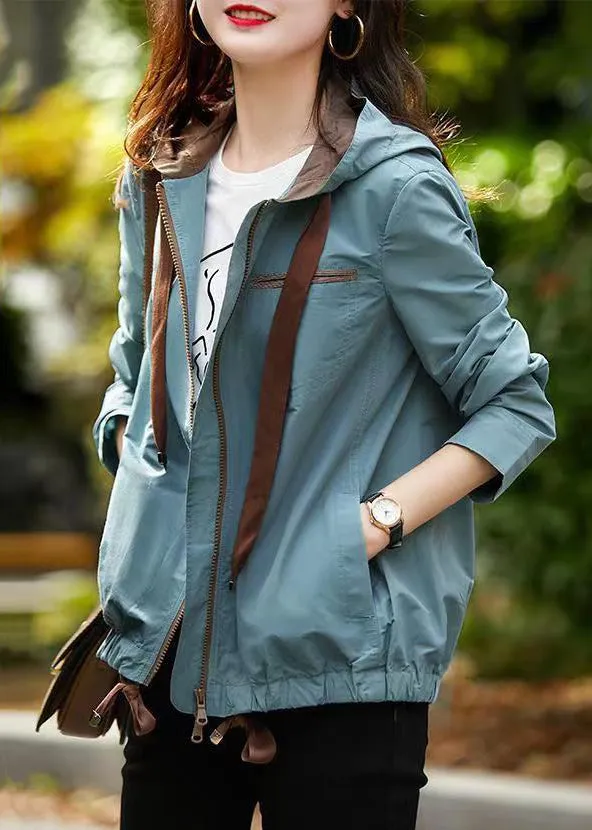 Chic Blue Grey Hooded Zippered Pockets Cotton Coats Fall