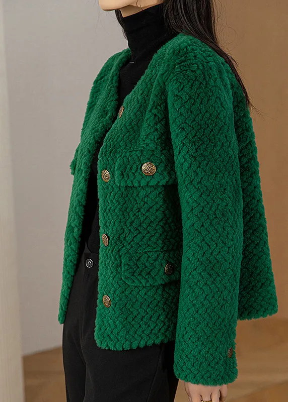 Chic Green O-Neck Button Woolen Coat Long Sleeve