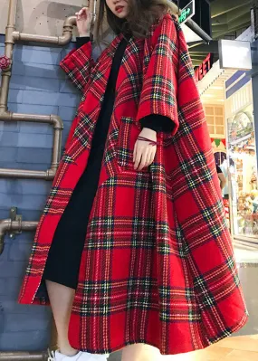 Chic Red Plaid Patchwork Woolen Coat Spring