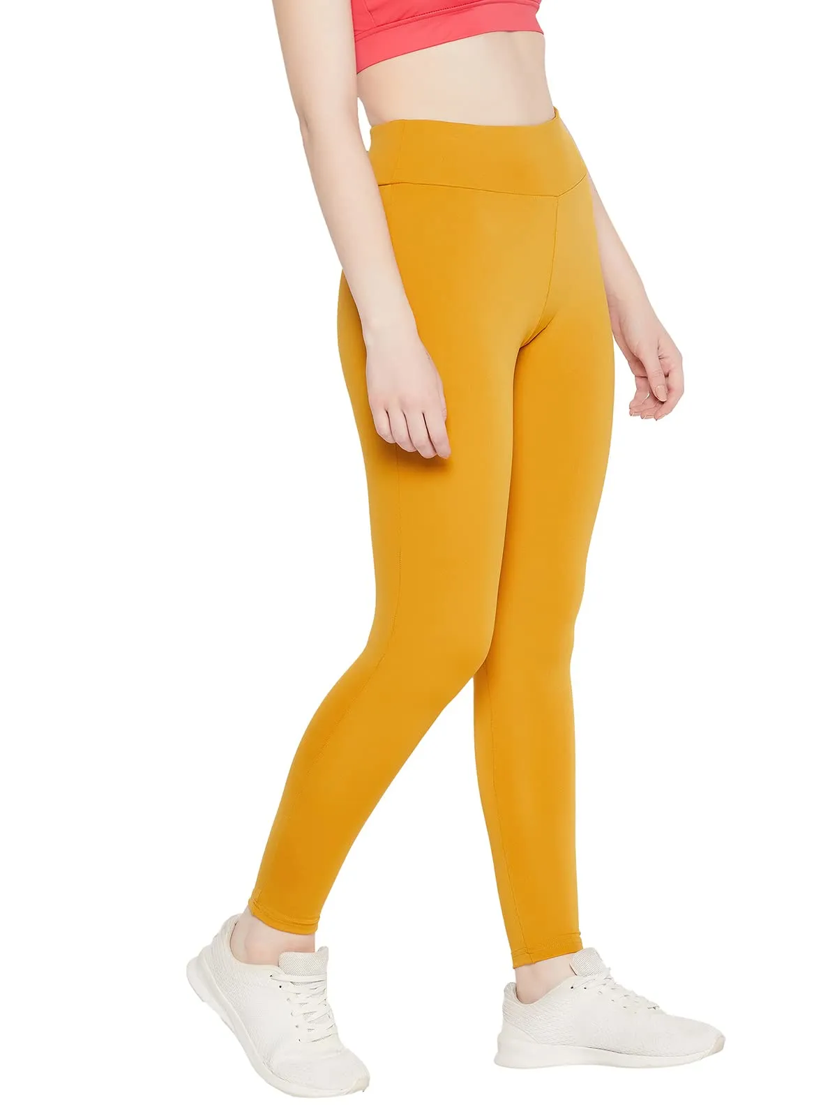 Clovia Women's Snug Fit Active High-Rise Full-Length Tights (AB0042P07_Yellow_S)