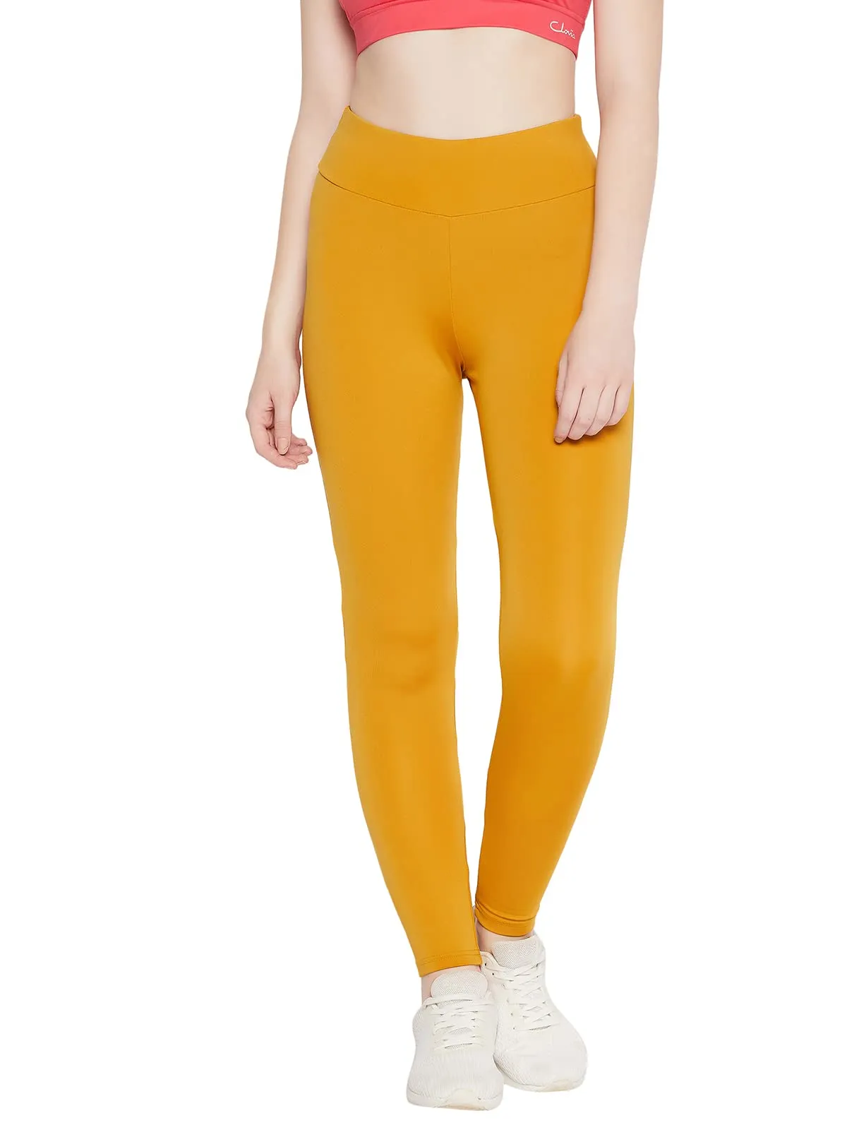 Clovia Women's Snug Fit Active High-Rise Full-Length Tights (AB0042P07_Yellow_S)