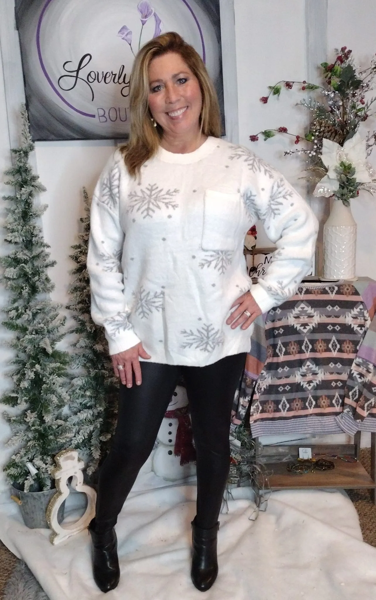 Cozy Days Crew Neck Snow Flake Pattern Sweater with Pocket