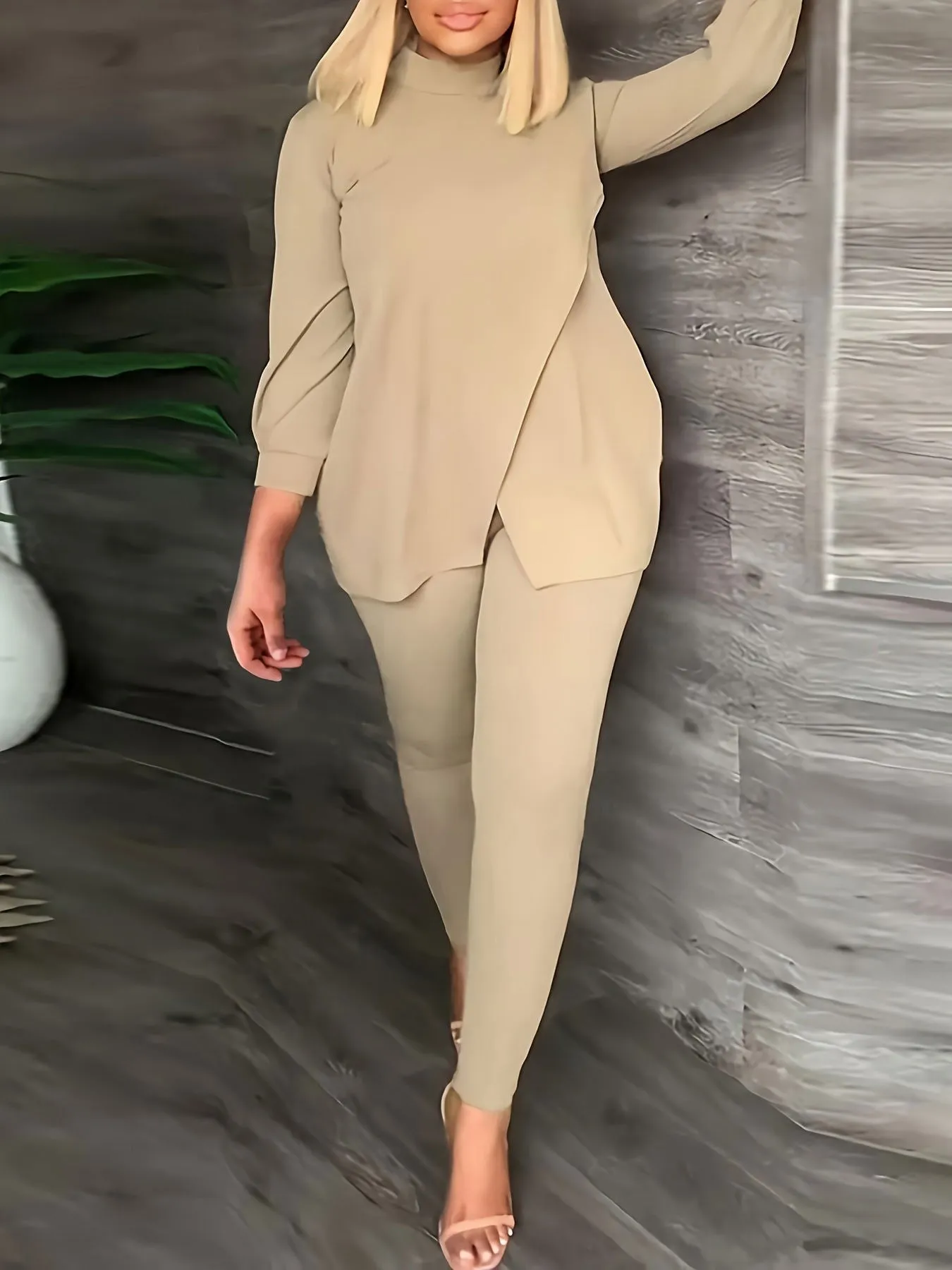 Curvy Long Sleeve Slit Top and Snug-fit Leggings