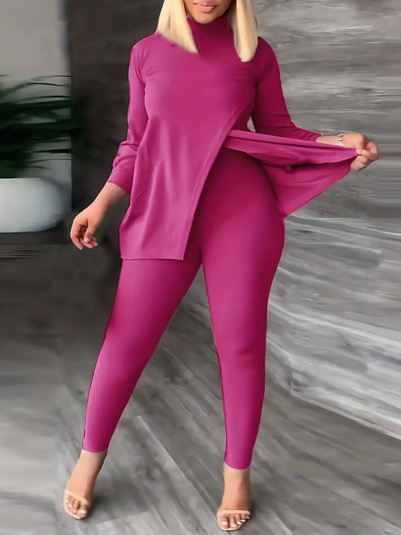 Curvy Long Sleeve Slit Top and Snug-fit Leggings