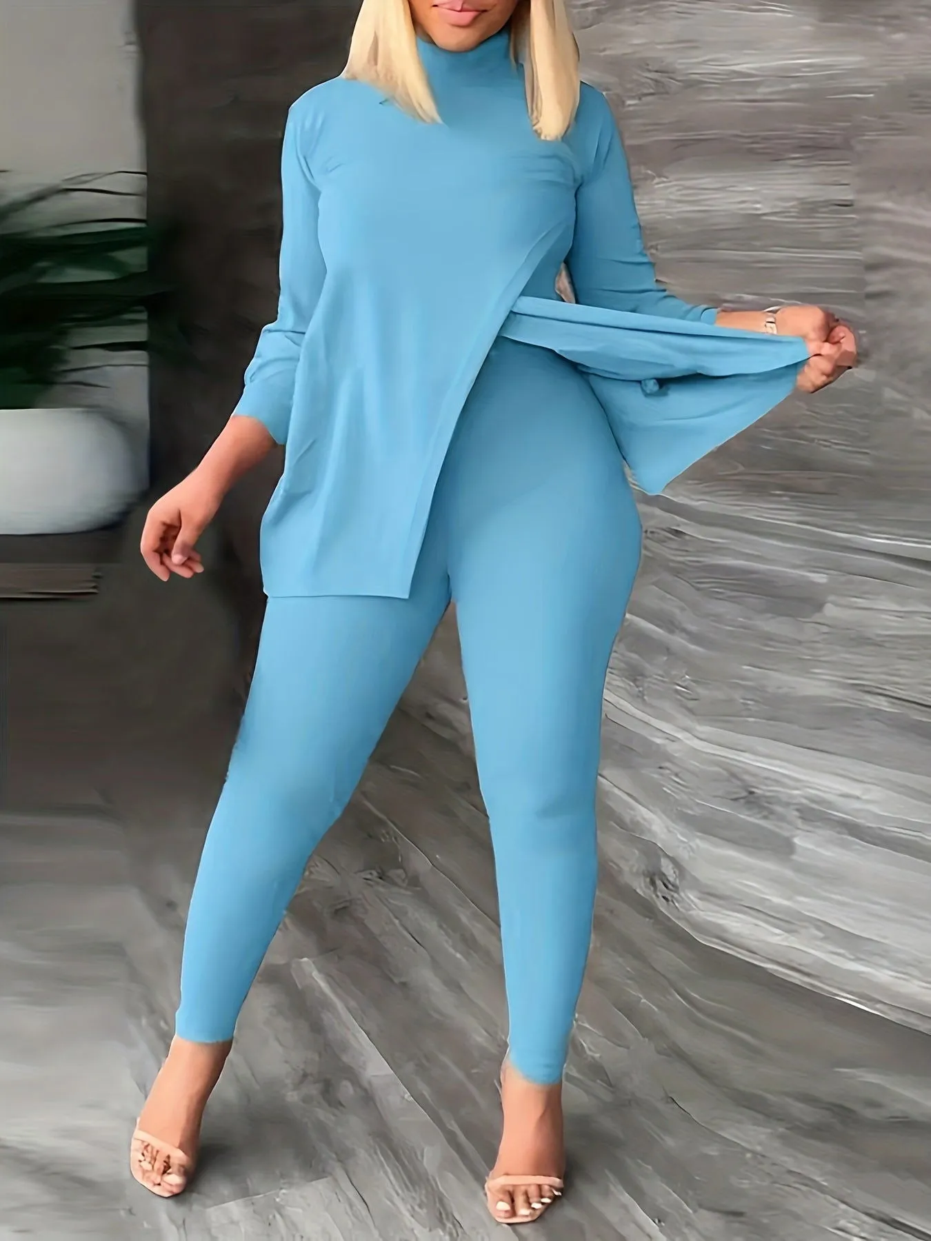 Curvy Long Sleeve Slit Top and Snug-fit Leggings