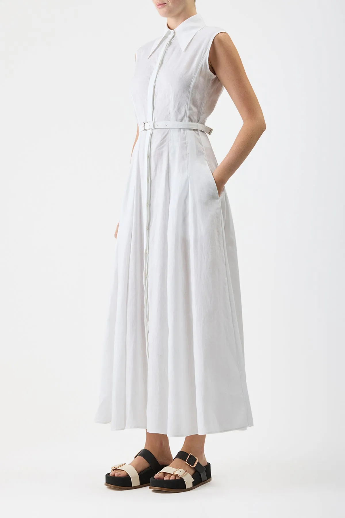 Durand Pleated Maxi Shirtdress in White Aloe Linen