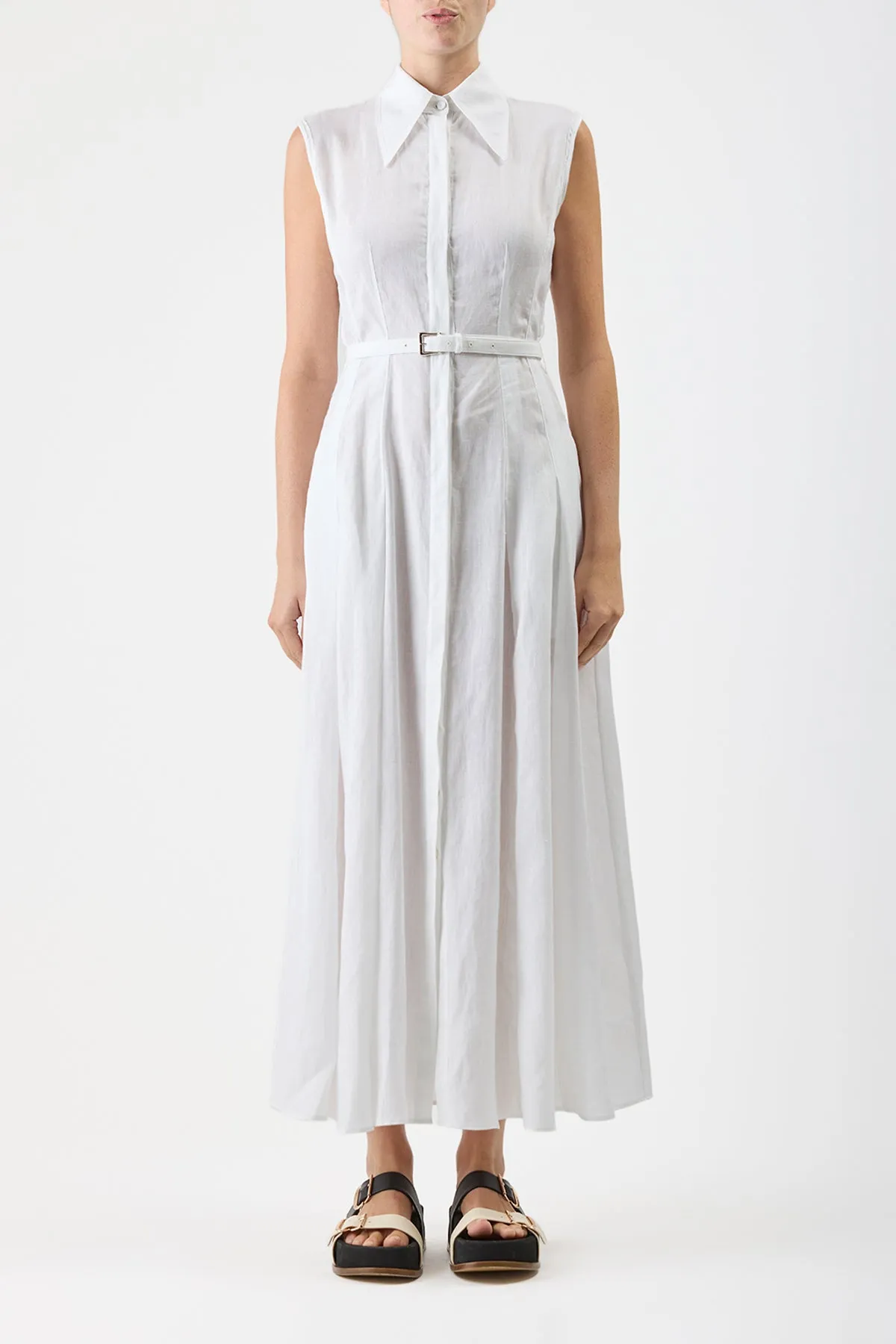 Durand Pleated Shirtdress in White Aloe Linen