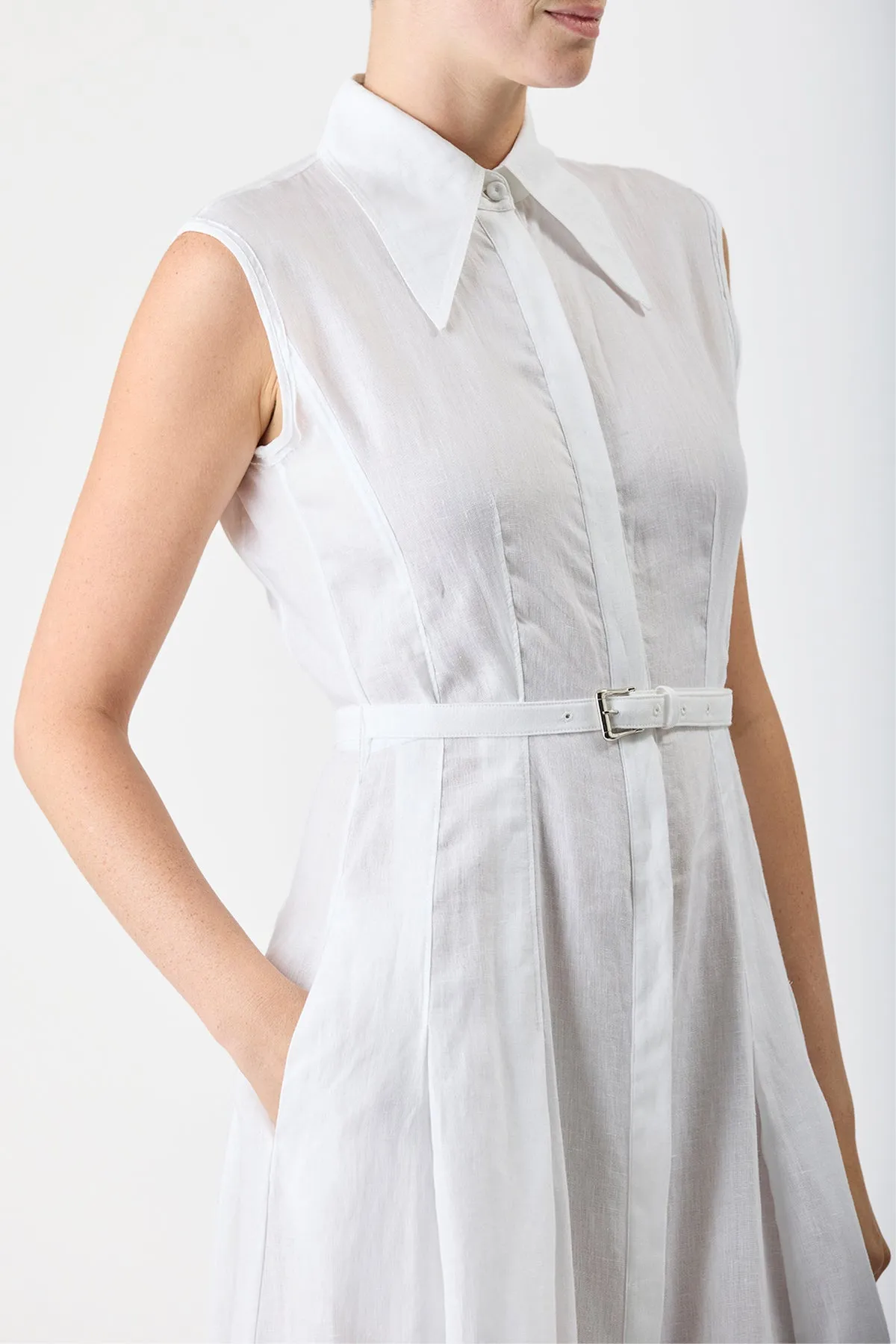 Durand Pleated Shirtdress in White Aloe Linen