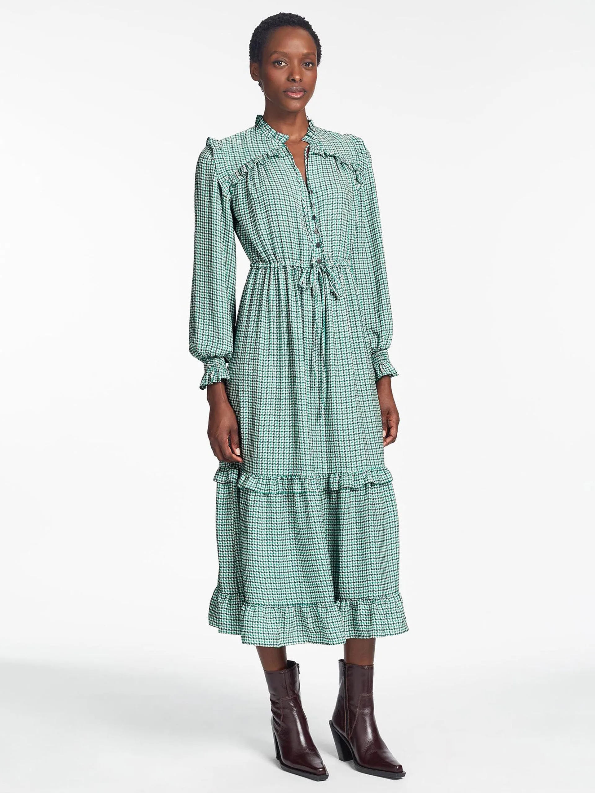 Ecru green houndstooth print Loretta maxi dress