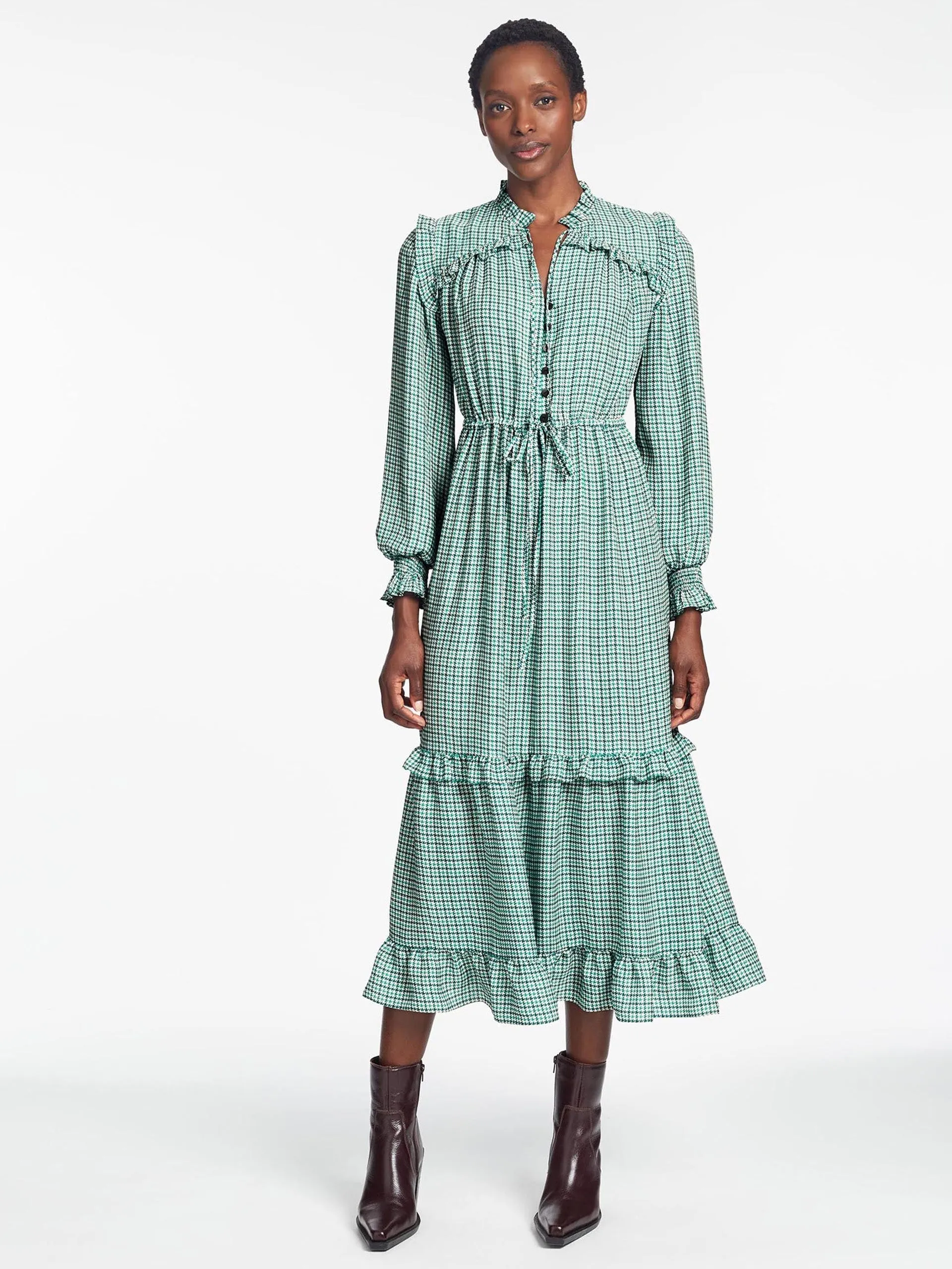 Ecru green houndstooth print Loretta maxi dress