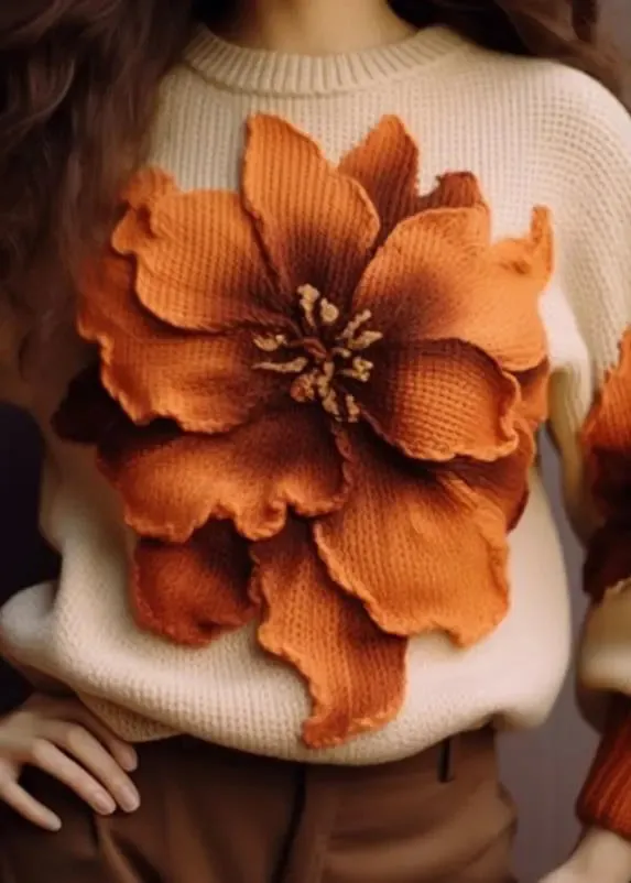 Elegant Apricot Floral  Cozy Knit Sweaters Fall FA265