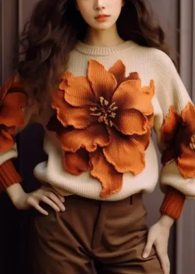 Elegant Apricot Floral  Cozy Knit Sweaters Fall FA265