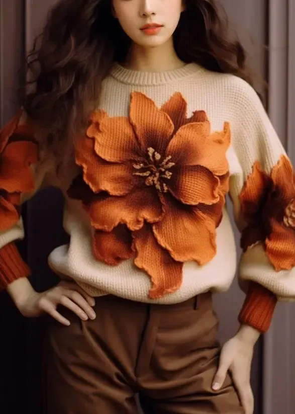 Elegant Apricot Floral  Cozy Knit Sweaters Fall FA265