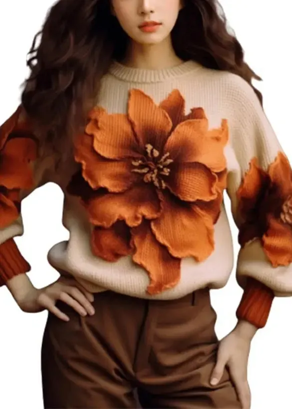 Elegant Apricot Floral  Cozy Knit Sweaters Fall FA265