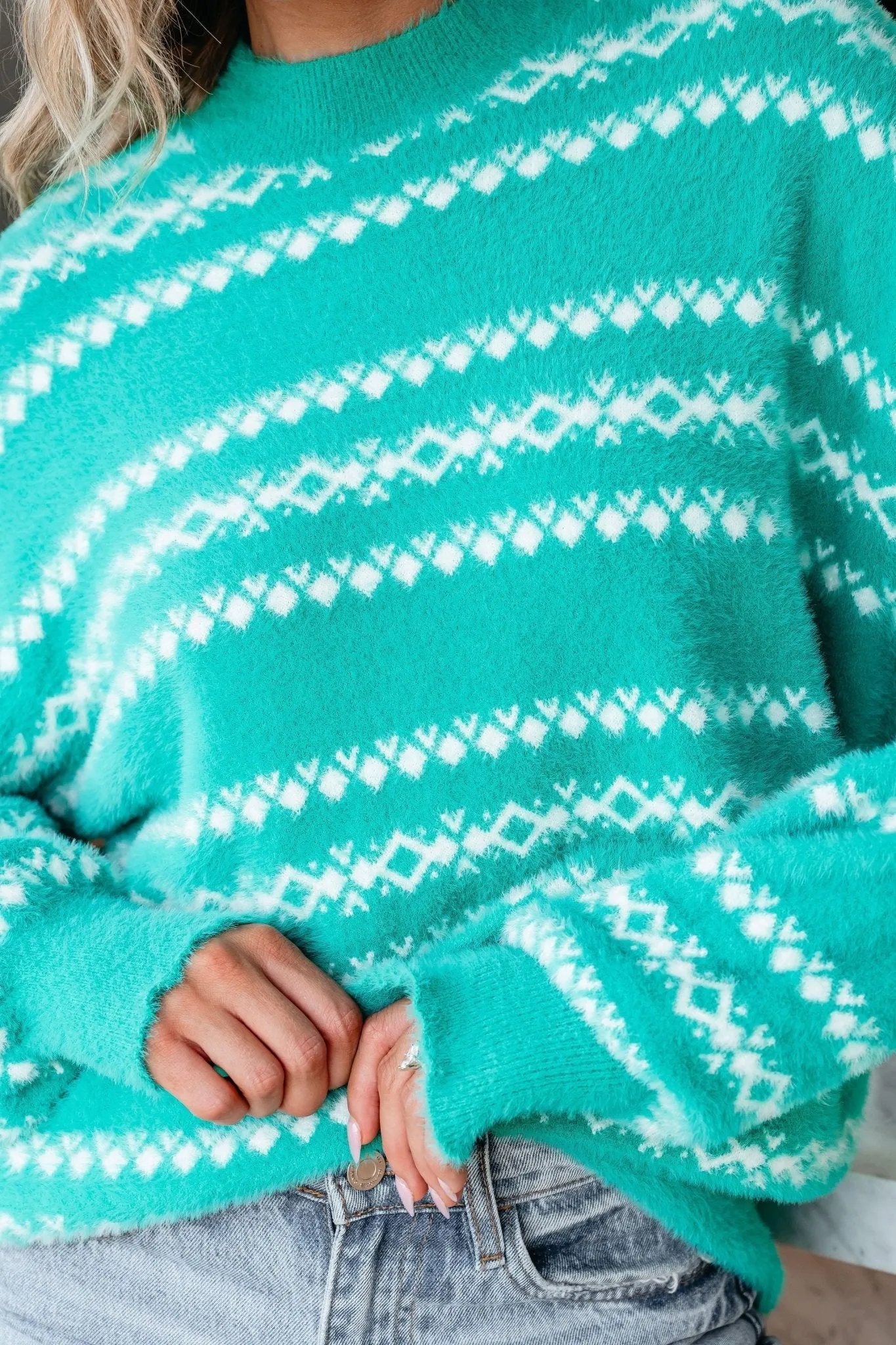 Green Fuzzy Soft Print Sweater