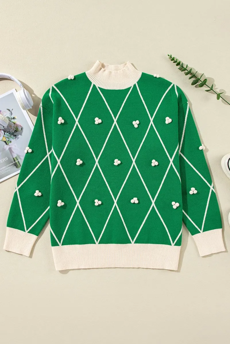 Holly Pom Pom Green Diamond Pattern Sweater