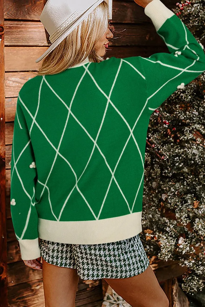 Holly Pom Pom Green Diamond Pattern Sweater