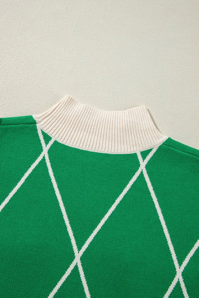 Holly Pom Pom Green Diamond Pattern Sweater