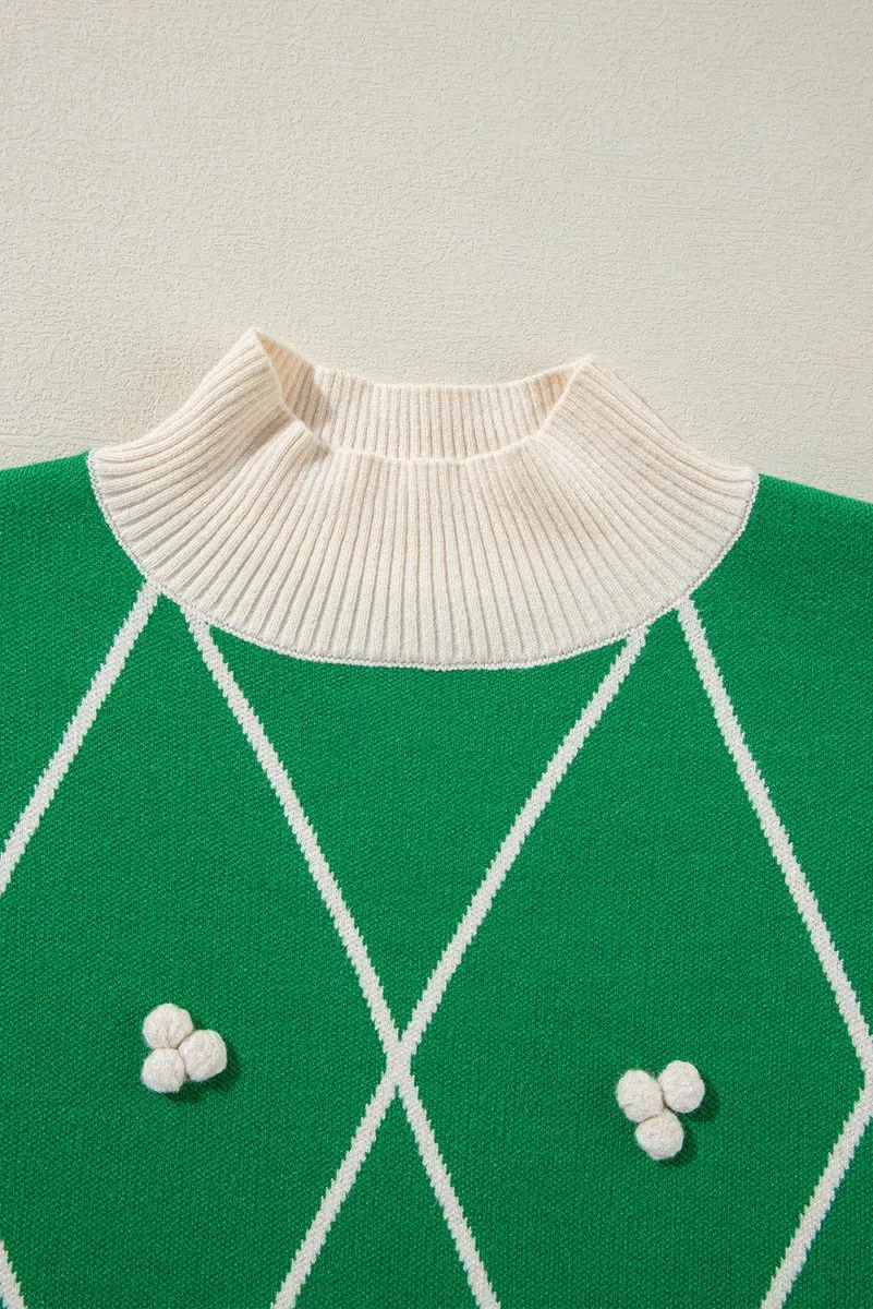 Holly Pom Pom Green Diamond Pattern Sweater