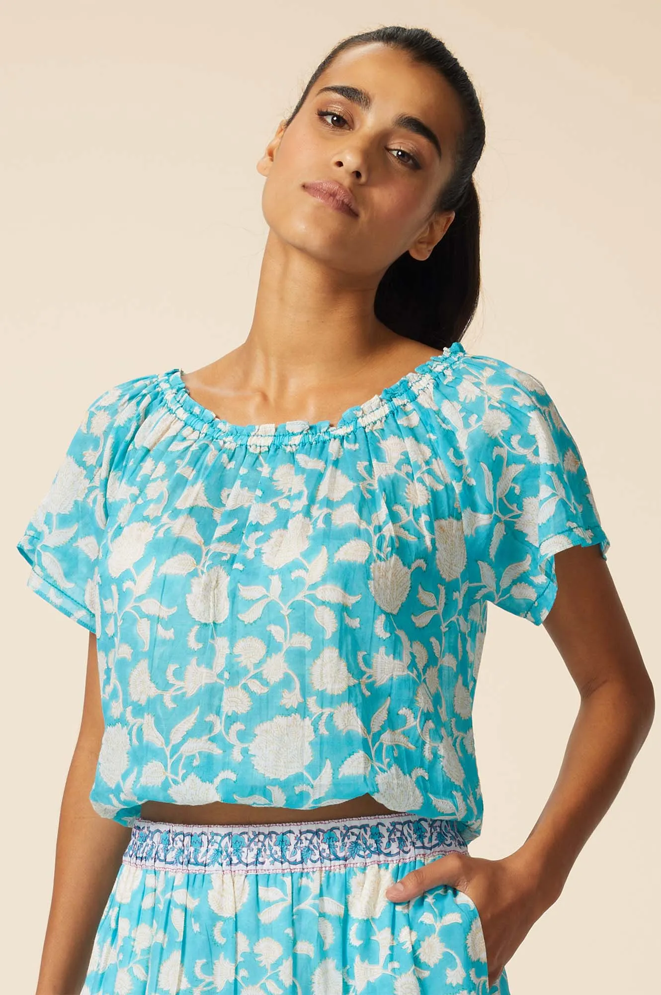 Ilana Block Print Organic Cotton Top | Turquoise