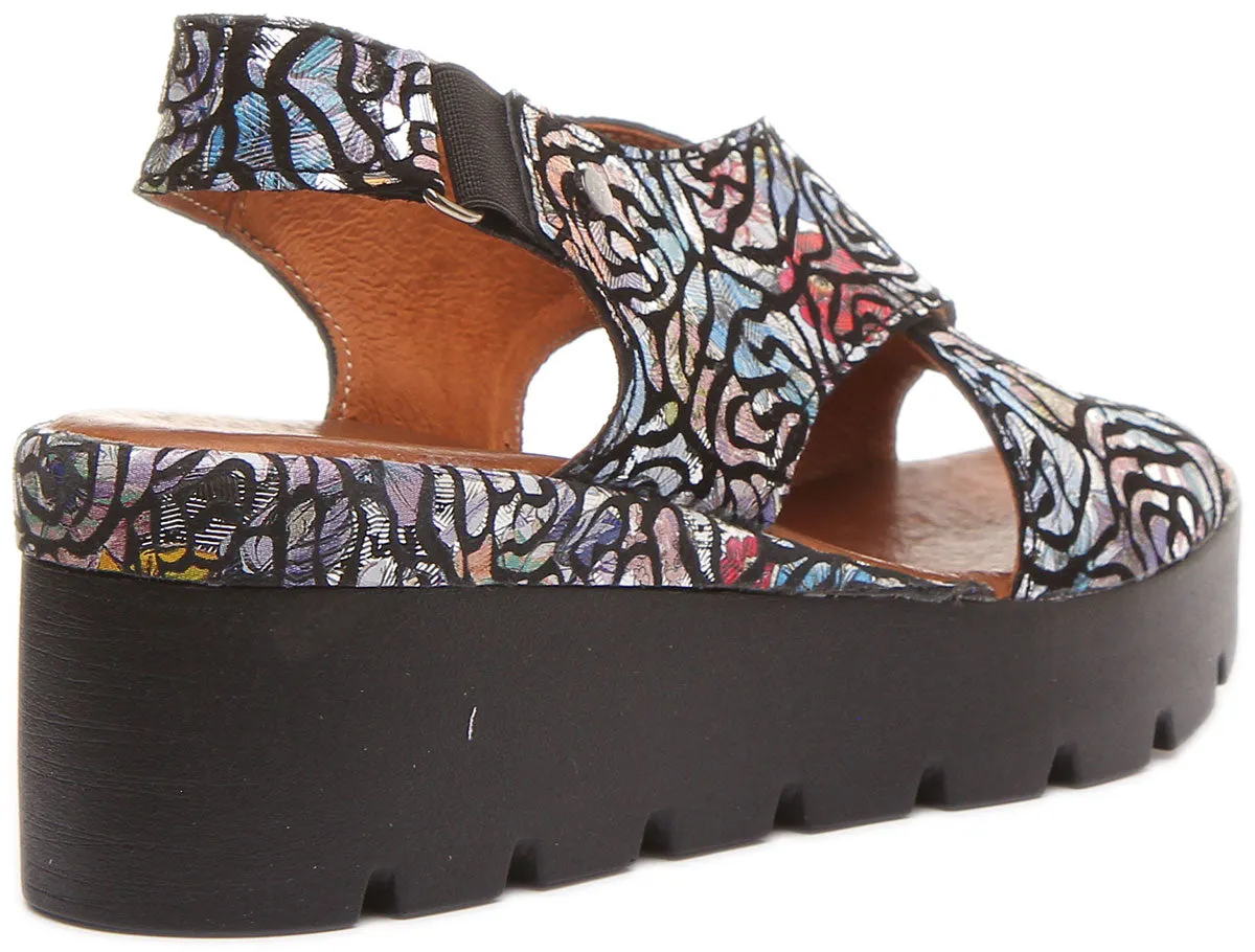 June Platform Cross Over Sandal in Black Floral Print