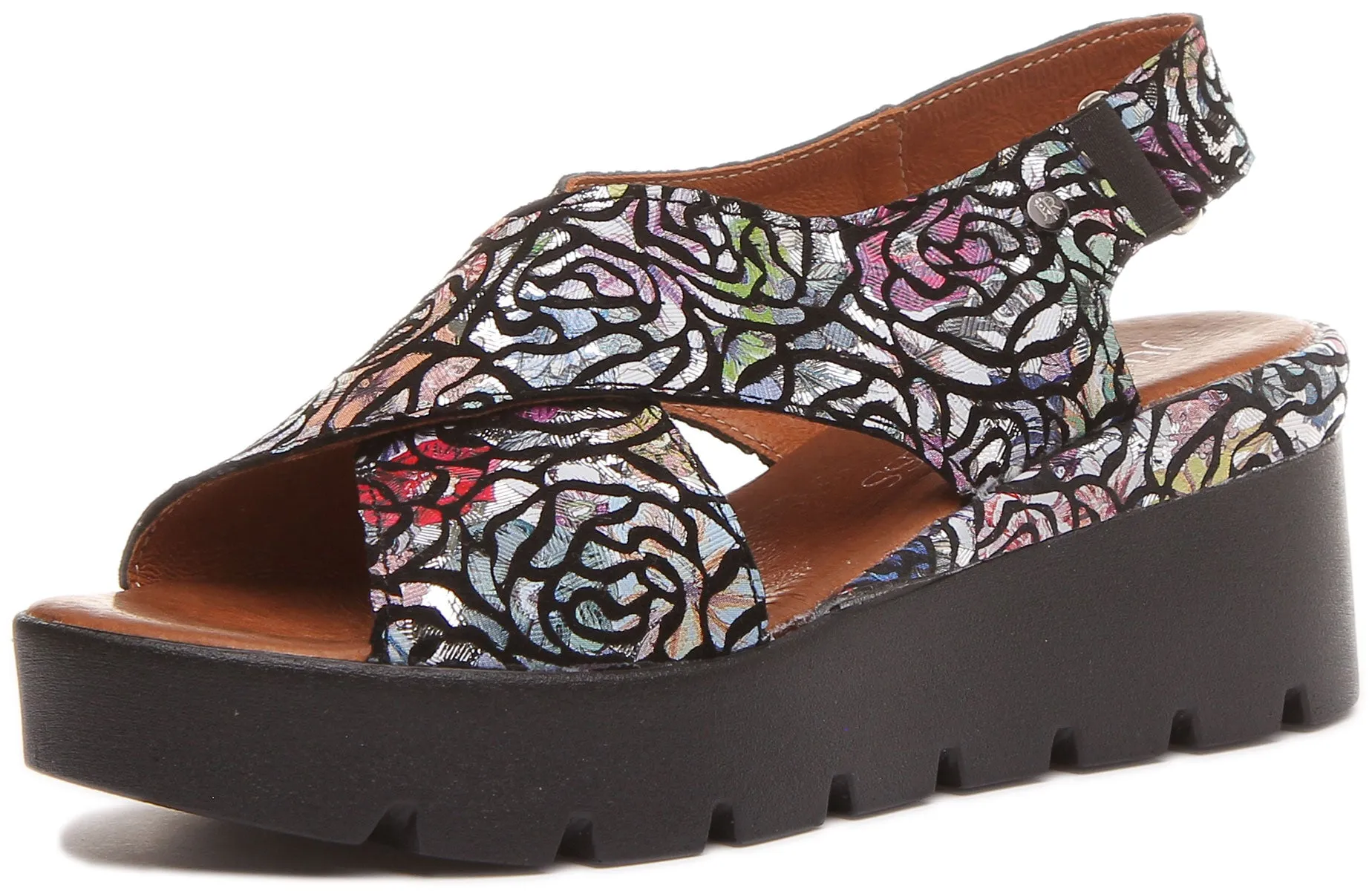 June Platform Cross Over Sandal in Black Floral Print