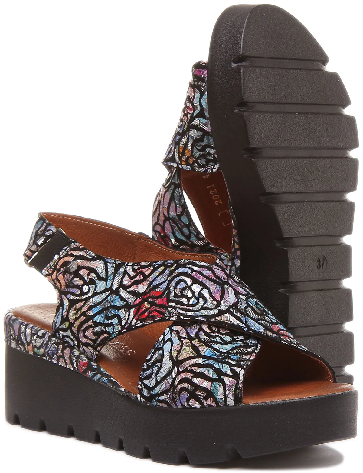 June Platform Cross Over Sandal in Black Floral Print