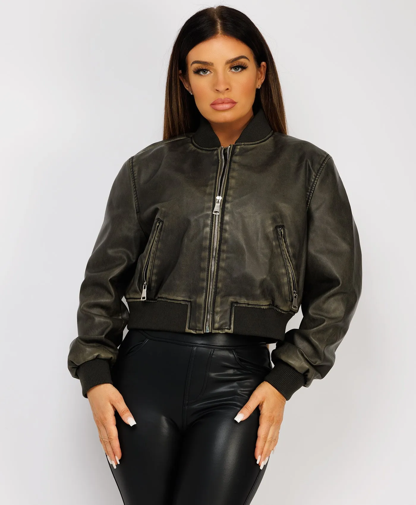 Khaki Cropped Distressed Vegan Leather Oversized Bomber Jacket