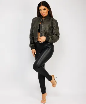 Khaki Cropped Distressed Vegan Leather Oversized Bomber Jacket