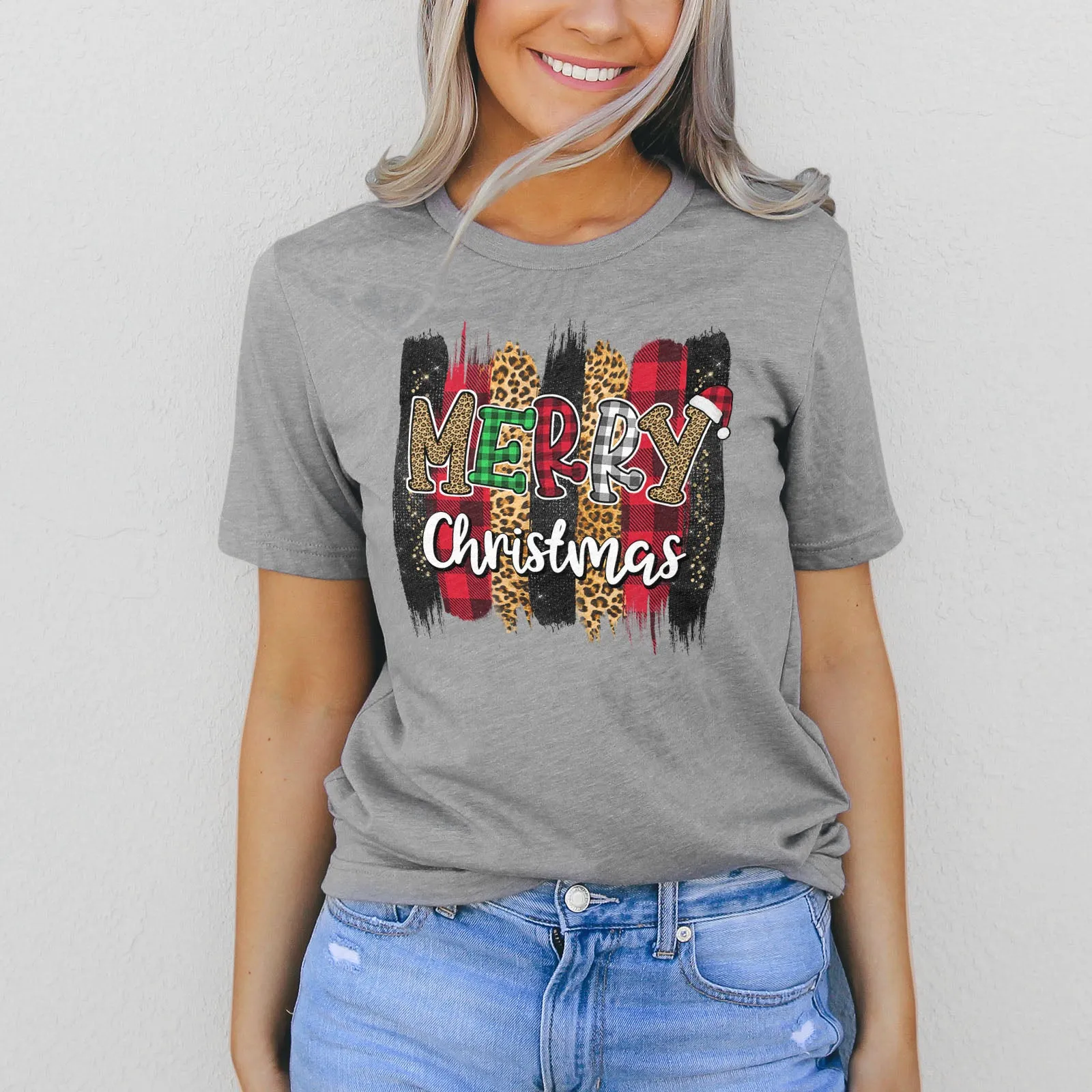 Merry Christmas Leopard Buffalo Plaid Tee