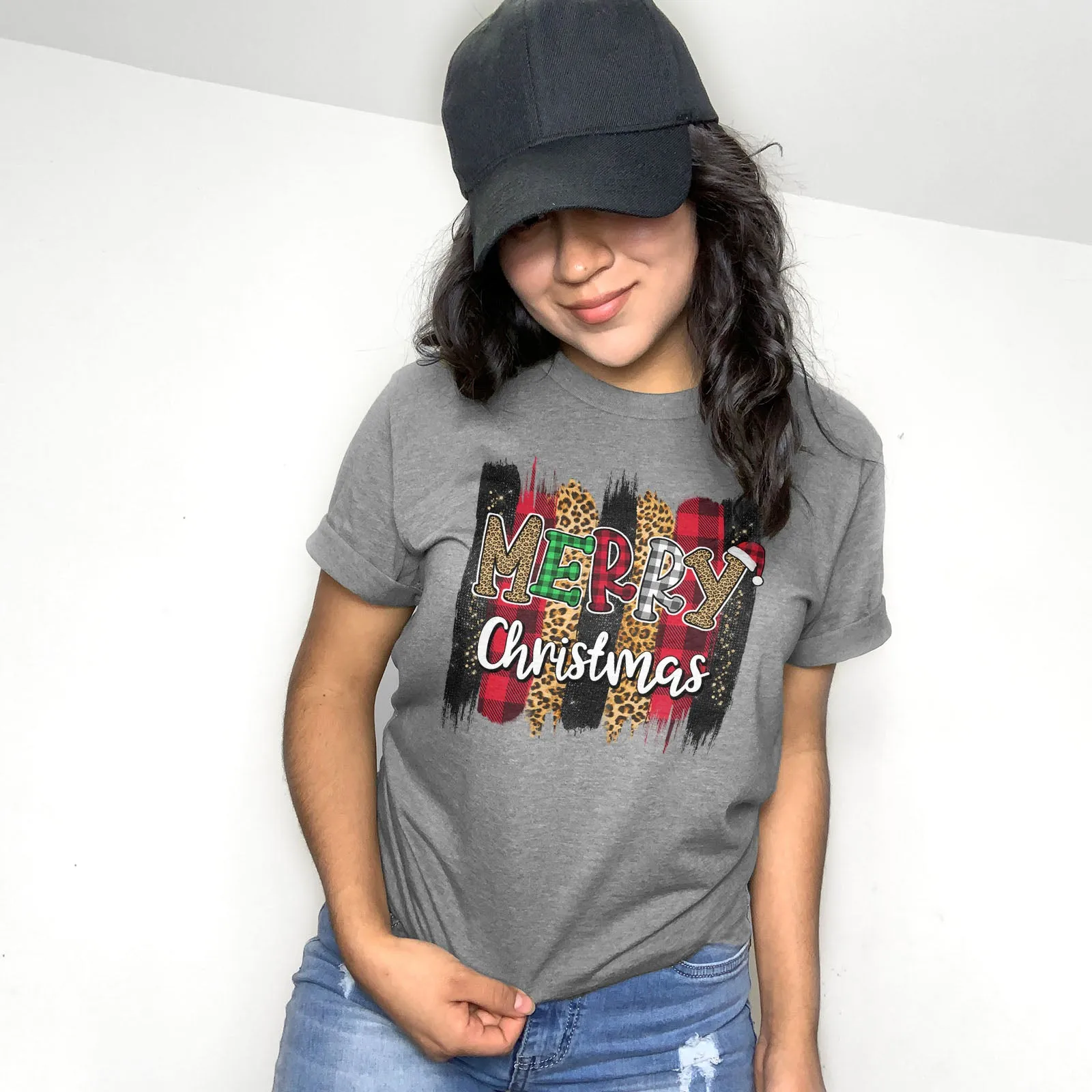 Merry Christmas Leopard Buffalo Plaid Tee