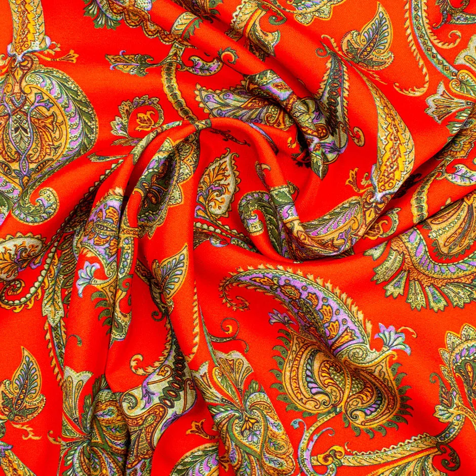 Multi-Coloured Paisley Red Stretch Silk Crêpe