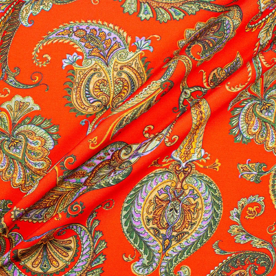 Multi-Coloured Paisley Red Stretch Silk Crêpe