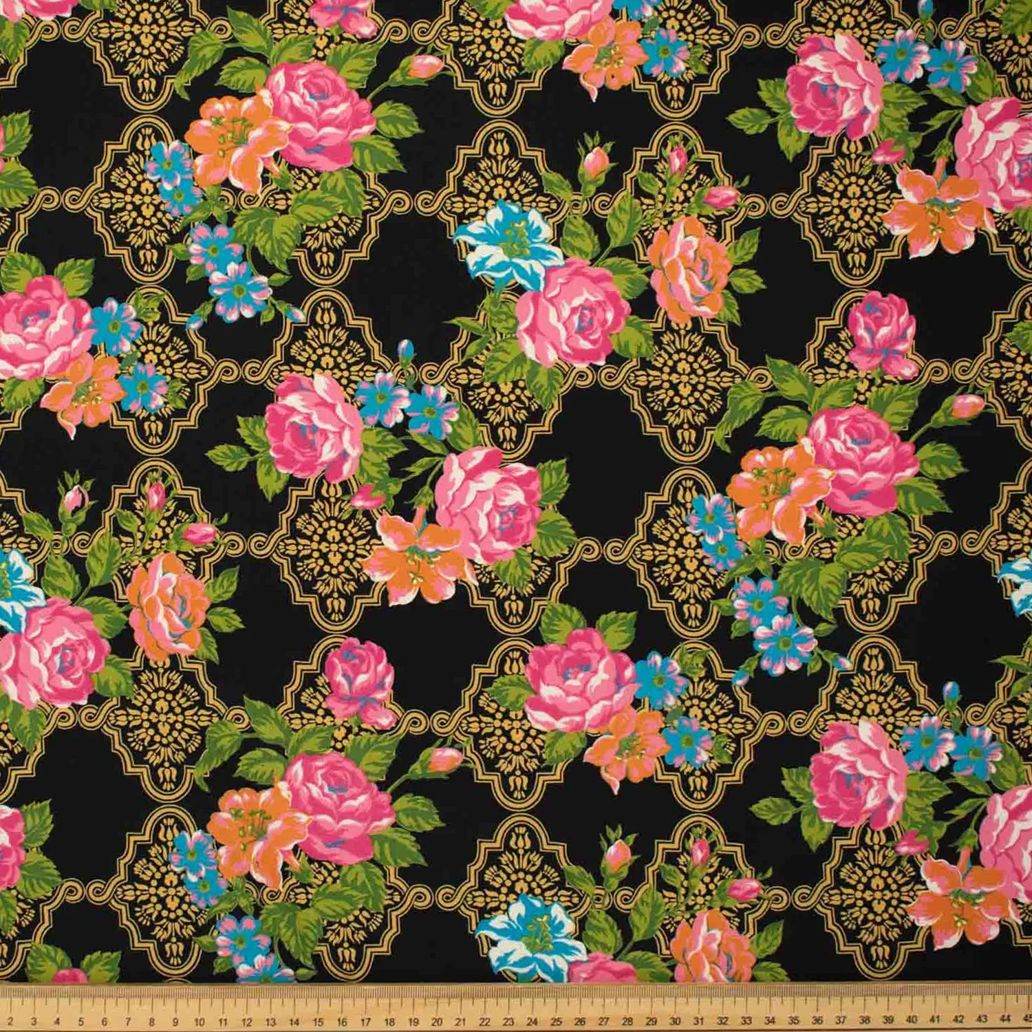 Printed Crepe Design-17 Vintage Chinese Traditional Pink & Orange Flowers on Black