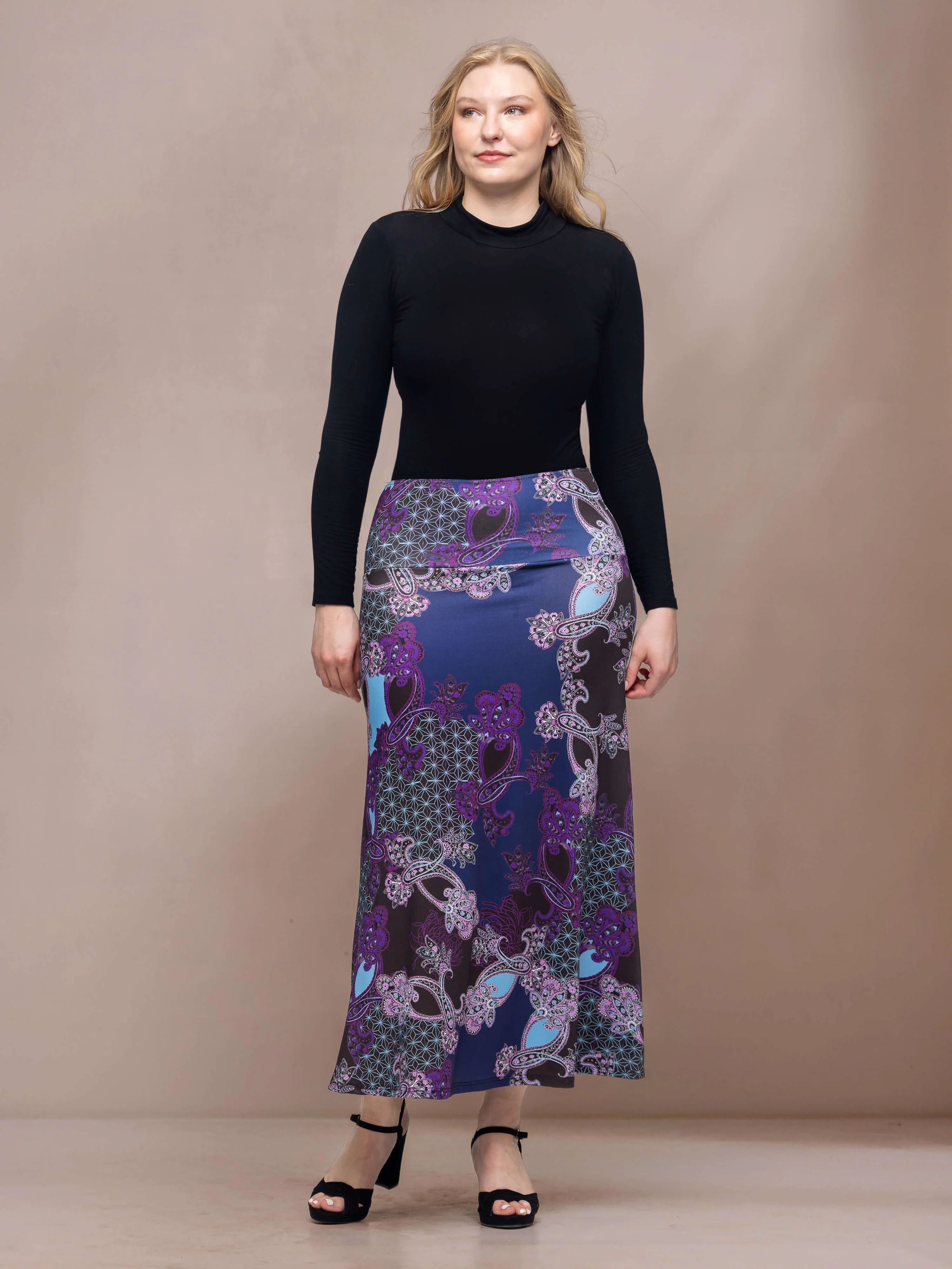 Purple Paisley Print Elastic Waist A Line Maxi Skirt