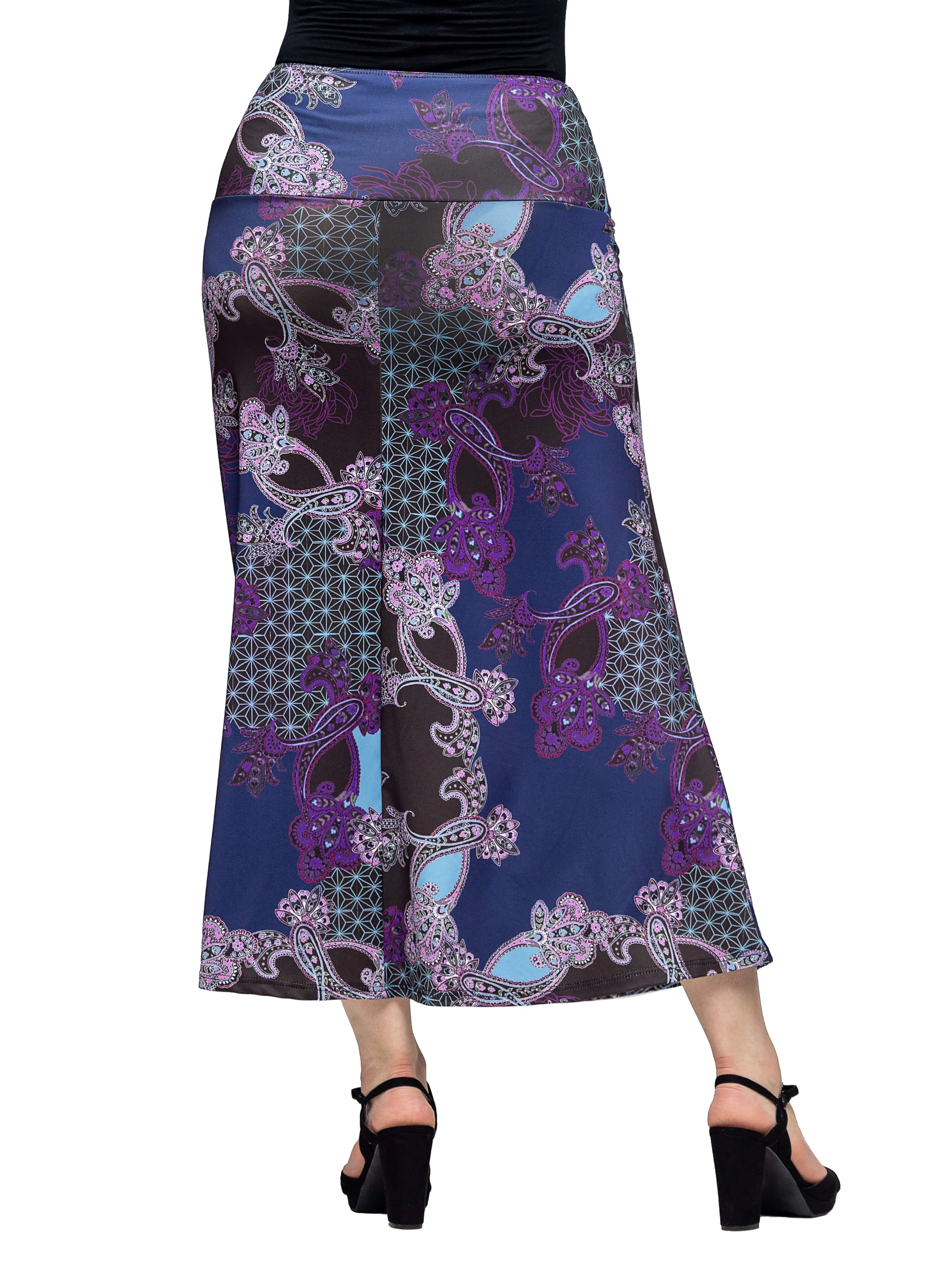 Purple Paisley Print Elastic Waist A Line Maxi Skirt