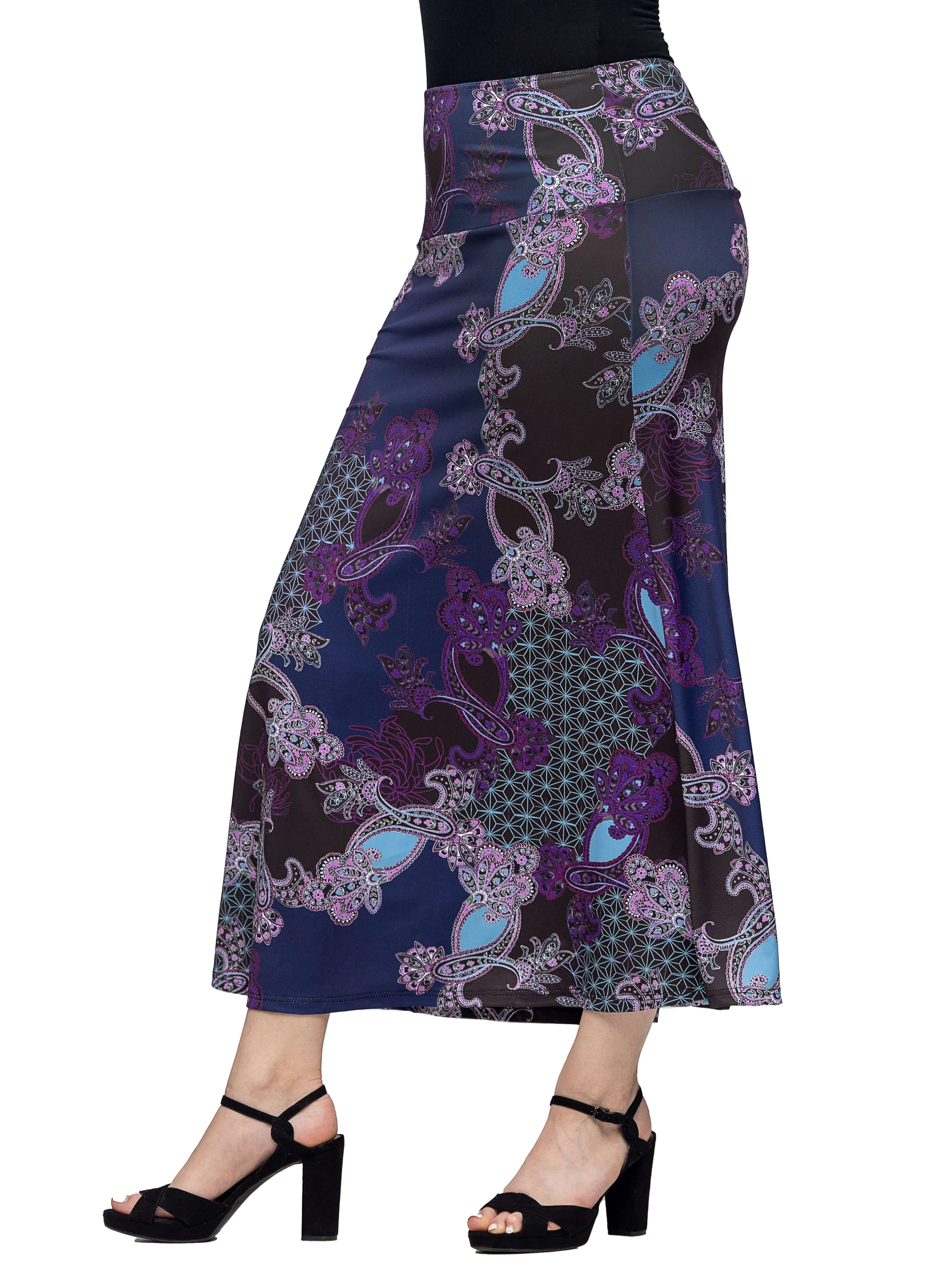 Purple Paisley Print Elastic Waist A Line Maxi Skirt