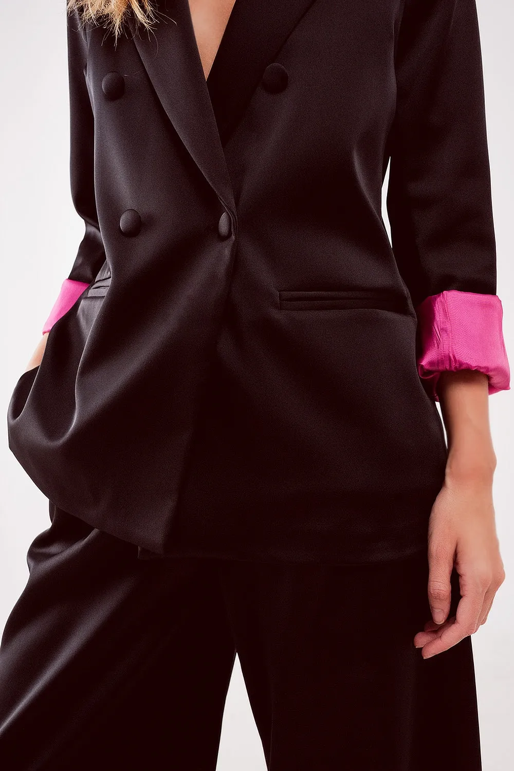 Satin Tailored Double Breast Blazer in Black