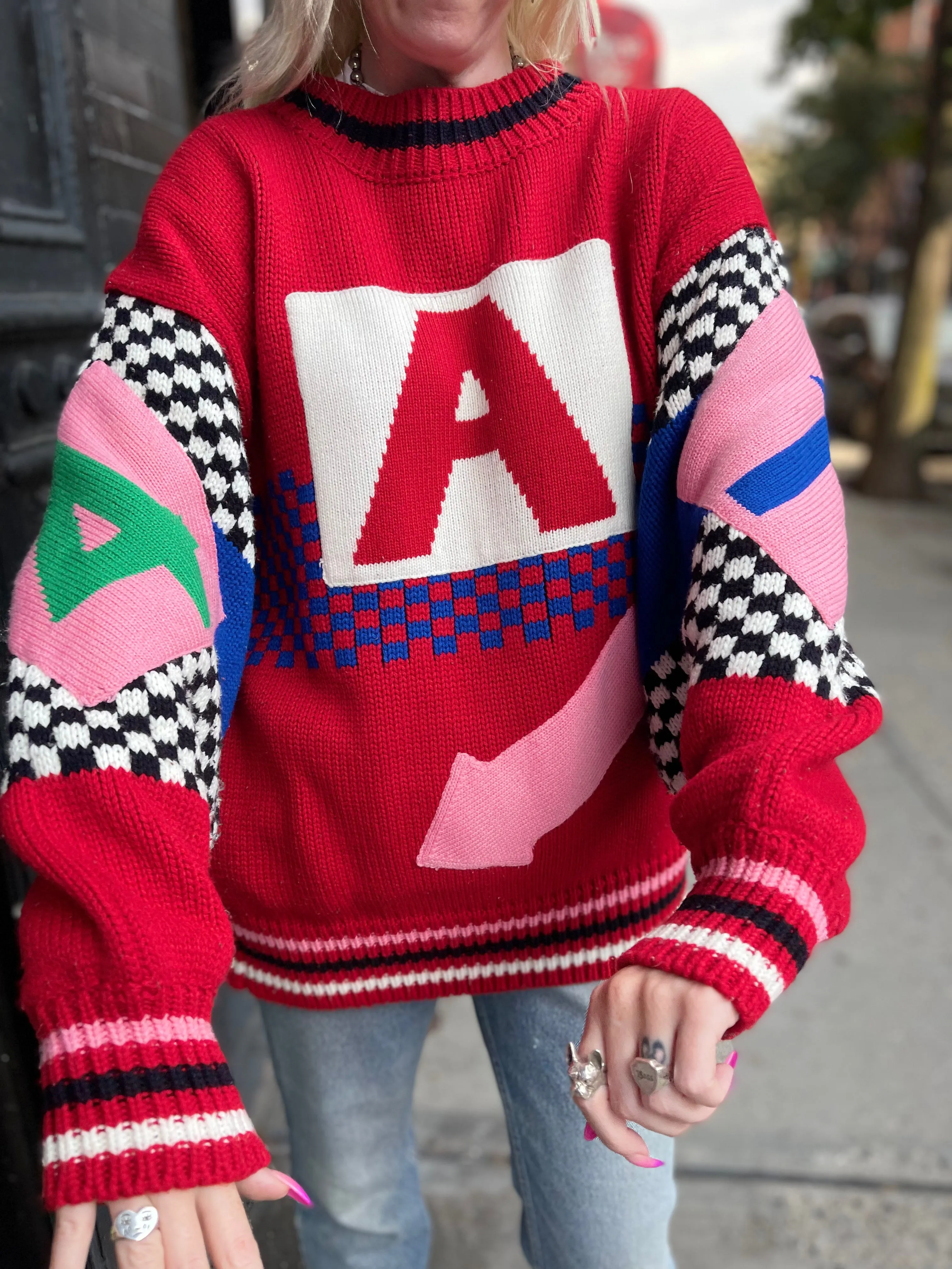 Vintage 80s Oversized Knit Red With Checkered Graphics